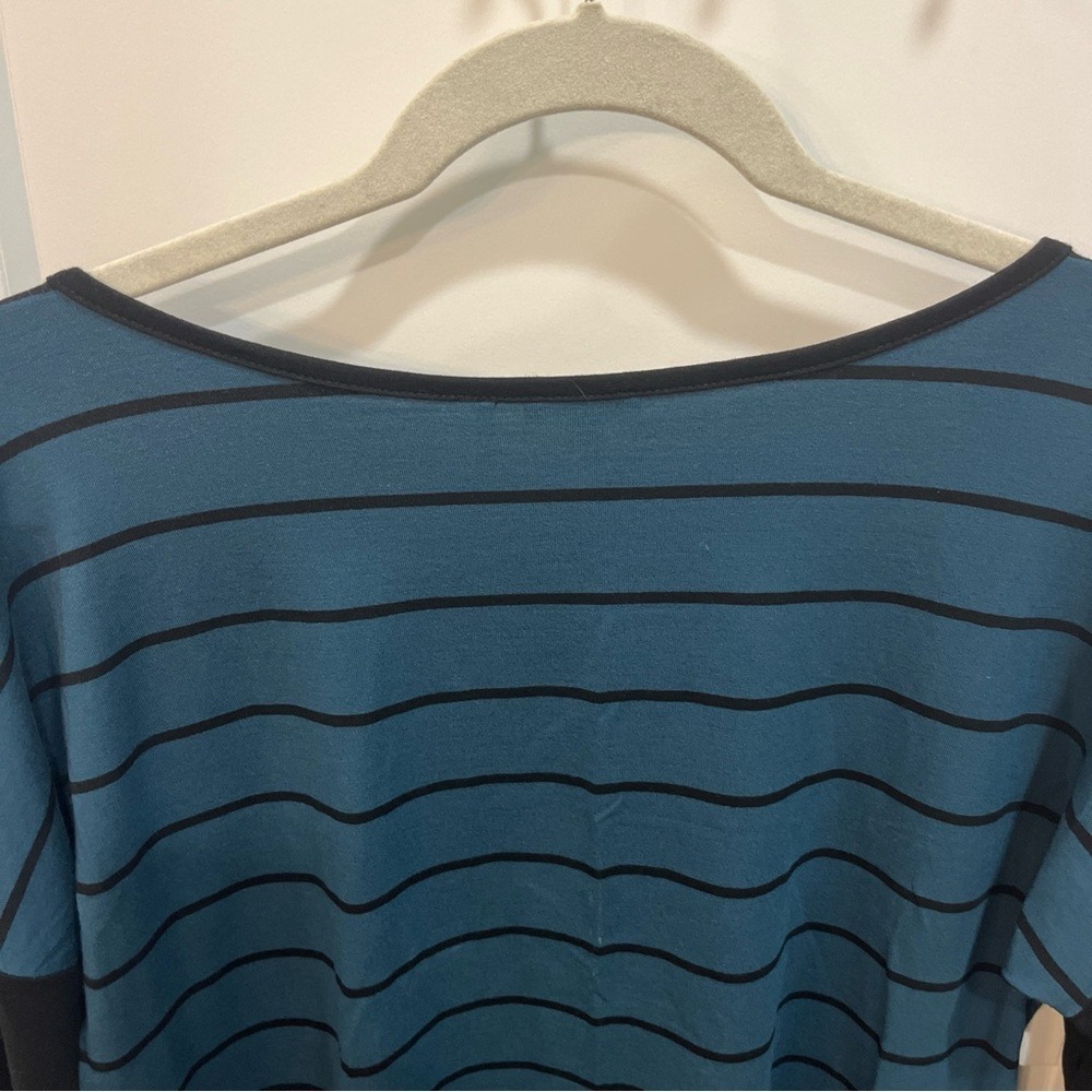 Tricotto Teal Blue Black Stripe Scoop Neck Drop Shoulder Boxy Top Women's Size S - Picture 7 of 10